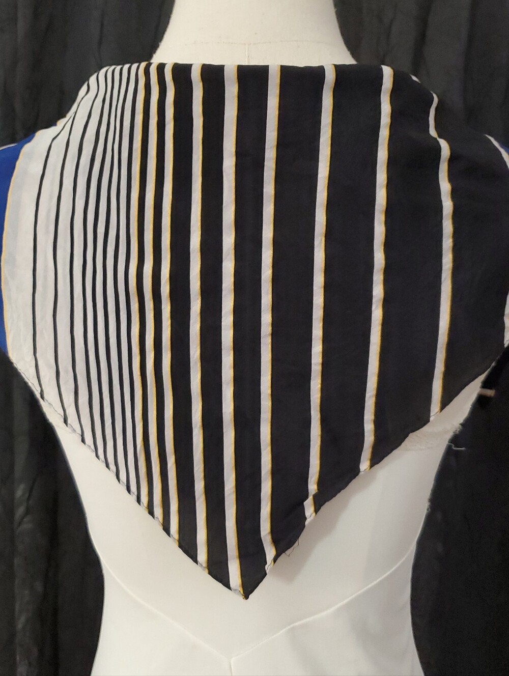 Vintage ELLEN TRACY Silk Scarf STRIPED Blue Black White Yellow Square 20x20